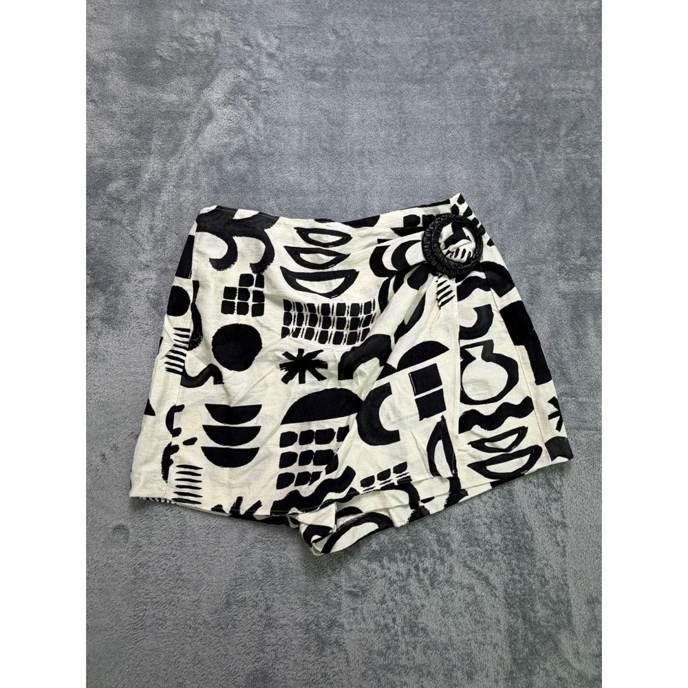 Zara Abstract Wrap Mini Skort Linen Blend Italian European Summer Vacation L - Picture 2 of 8